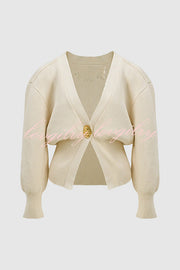 Only Yours Knit Metal Leaf Shape Button Lantern Sleeve Relaxed Cardigan