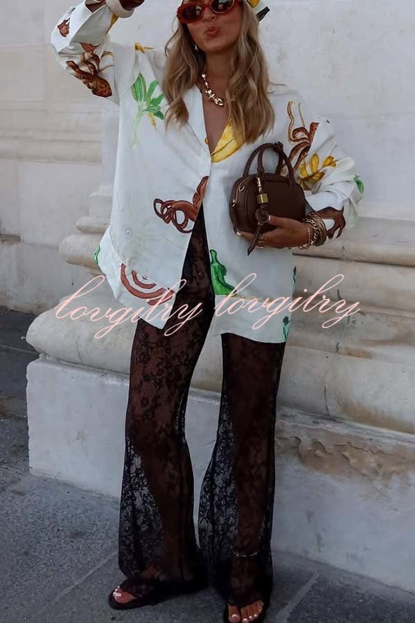 Fun Resort Linen Blend Unique Print Long Sleeve Shirt and Elastic Waist Pocket Shorts Set