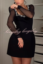 Emmey Jewel Embellished Trim Square-Neck Mesh Long Sleeve Mini Dress