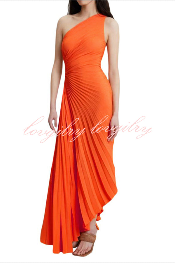 Glam Vibes Satin One Shoulder Side Cutout Pleated Maxi Dress