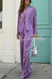 Beyond Time Satin Lapel Lace-up Blouse and Back Elastic Pocketed Loose Pants Set