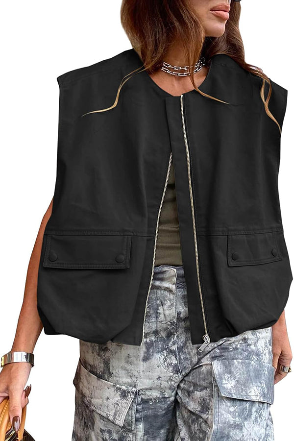 Fashion Zipper Sleeveless Pocket Loose Vest Jacket