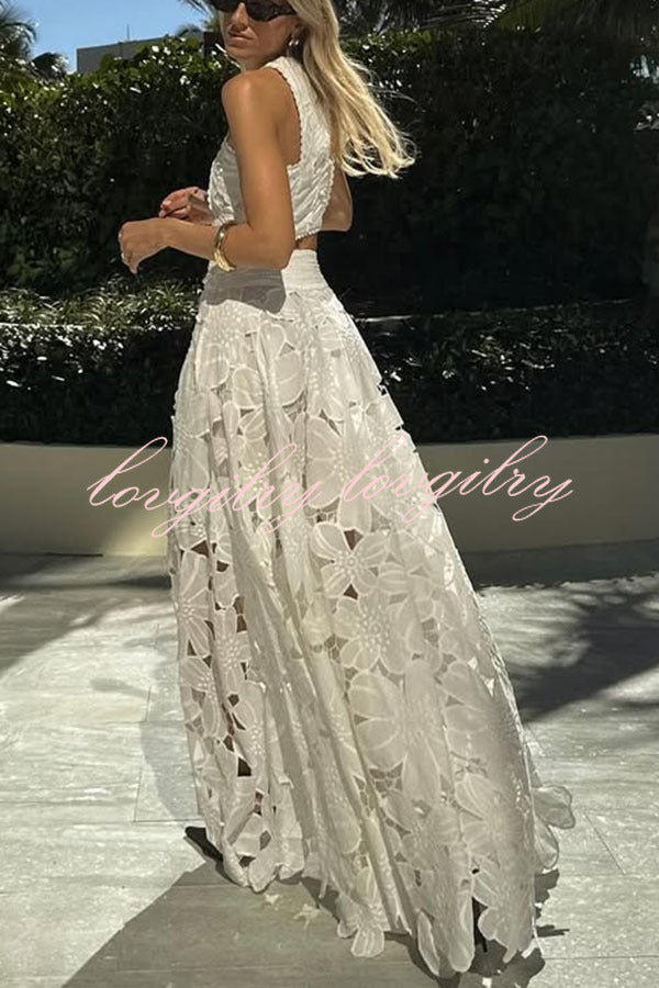 Next Trip Floral Embroidery Crochet Lace Crop Tank Top and Elastic Waist Pocket Maxi Skirt Set