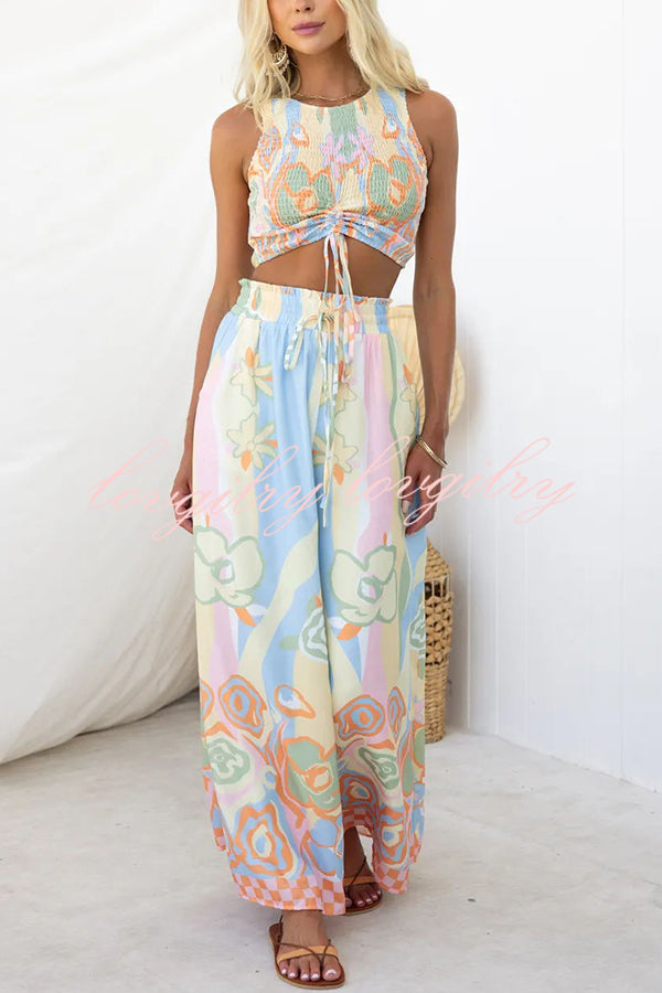 It's Your Vacation Floral Print Elastic Drawstring Waist Pocket Wide Leg Pants