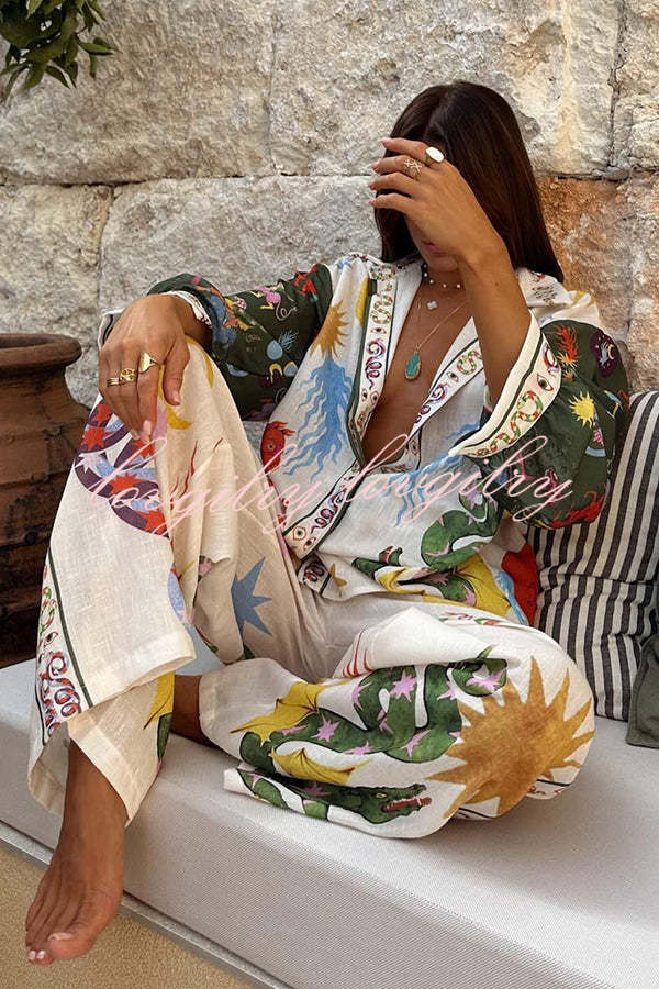 Bohemian Beauty Unique Print Long Sleeve Loose Shirt and Elastic Waist Pants Set