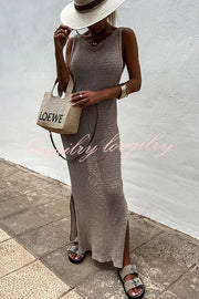 Solid Color Knitted Cutout Slit Slim Fit Maxi Dress