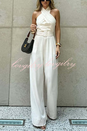 Solid Color Halterneck Sleeveless Waisted Casual Pocket Straight Jumpsuit