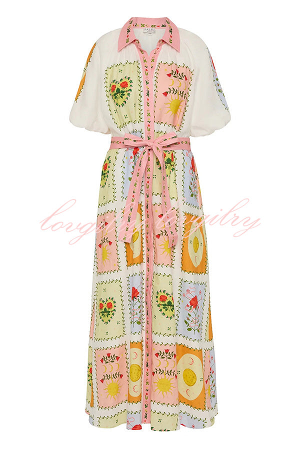 Lily Song Linen Blend Unique Print Short Sleeve Tie-up Shirt Maxi Dress