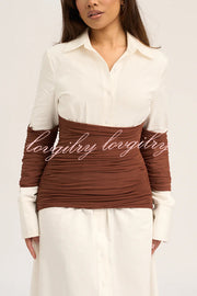 Fashionable Pleated Contrast Patchwork Waist Long Sleeve Button Shirt Maxi Dress