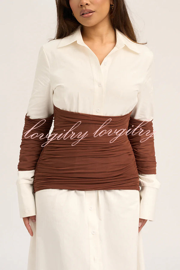 Fashionable Pleated Contrast Patchwork Waist Long Sleeve Button Shirt Maxi Dress