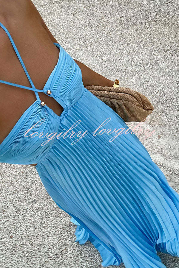 Caught Your Eye Satin Pleated Cross Straps Cutout Flowing Maxi Dress