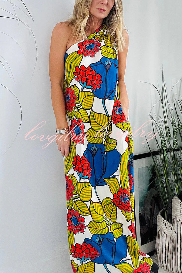 Floral Unique Printed One Shoulder Pocketed Loose Maxi Dress