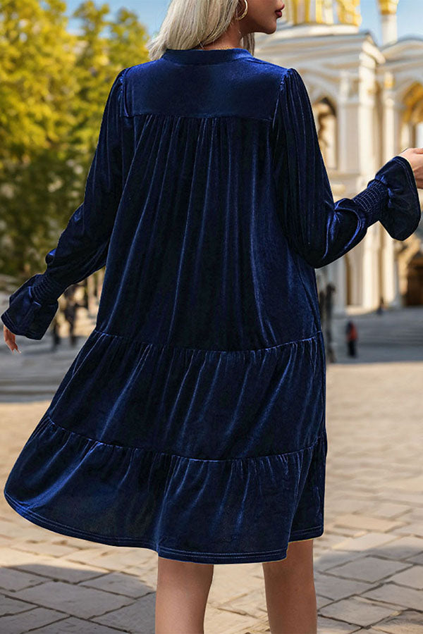 Solid Color Velvet V-Neck Long Sleeve Elegant Loose Mini Dress