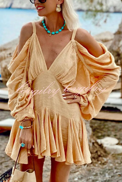 Anita Cold Shoulder Ruched Balloon Sleeve Pleated Hem Loose Mini Dress