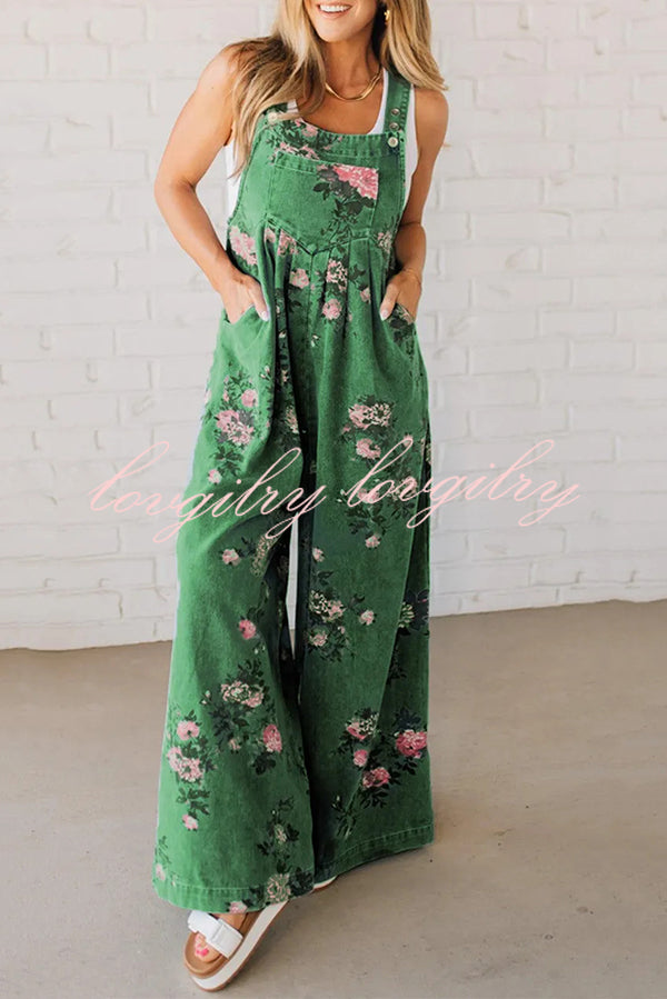 Fashion Floral Print Casual Button Pocket Loose Denim Overalls