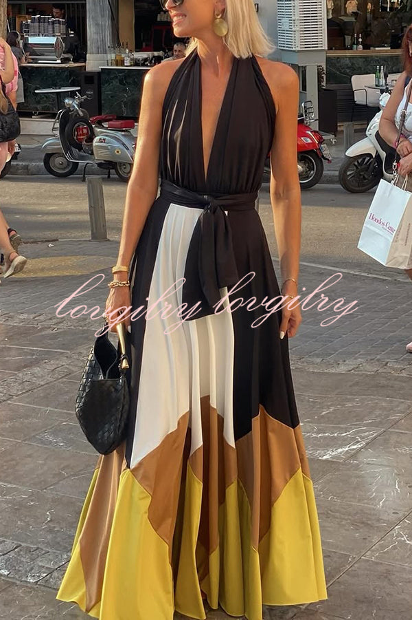 Fashion Colorblock Sexy Backless Tie Waist Full Hem Maxi Dress