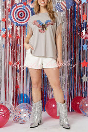 Extraordinary American Eagle Print Rhinestone Tassel Short Sleeve T-Shirt