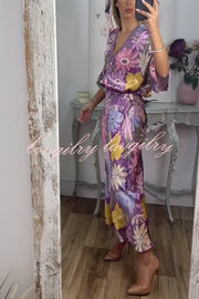 Satin Floral Print V-neck Half-sleeve Loose Top and Elegant Maxi Skirt Set