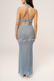 Ocean Dream Crochet Knit Golden Decoration Halter Stretch Maxi Dress