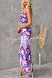 Deja Mesh Overlay Floral Print One Shoulder Ruched Stretch Maxi Dress