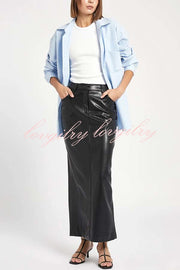 Classic Feel Faux Leather Mid Rise Pocket Slit Stretch Maix Skirt