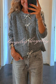 Paris Mornings Knit Front Bow Design Long Sleeve Relaxed Cardigan