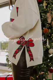 Merry Plaid Embroidered Bow Long-Sleeve Loose Sweatshirt