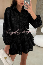 Unique Lace Texture Fabric Balloon Sleeve Blouse and Elastic Waist Layered Skirt Set