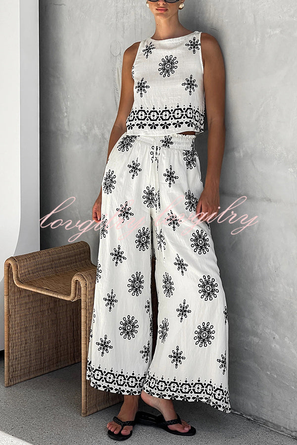 Unique Printed Round Neck Sleeveless Button Top and Elastic Waist Pocket Wide Leg Pants Set