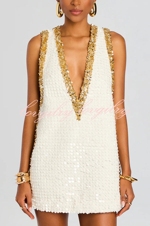Cocktail Charm Sequin Colorblock Trim V-neck Sleeveless A-line Mini Dress