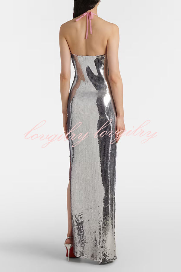 Moonlit Blooms Sequin Floral-appliqué Halter Neck Slit Gown Maxi Dress