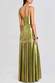 Artistic Quality Metallic Pleated Fabric Removable Straps Slit Maxi Dress