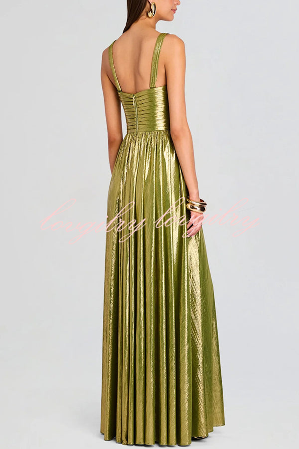 Artistic Quality Metallic Pleated Fabric Removable Straps Slit Maxi Dress