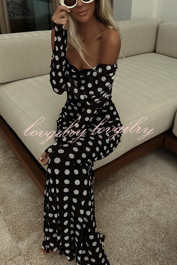 Chic Statement Polka Dot Print Off Shoulder Ruched Stretch Maxi Dress