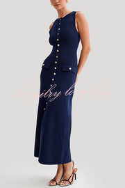 Solid Color Slim Fit Crew Neck Button Up Sleeveless Knitted Maxi Dress