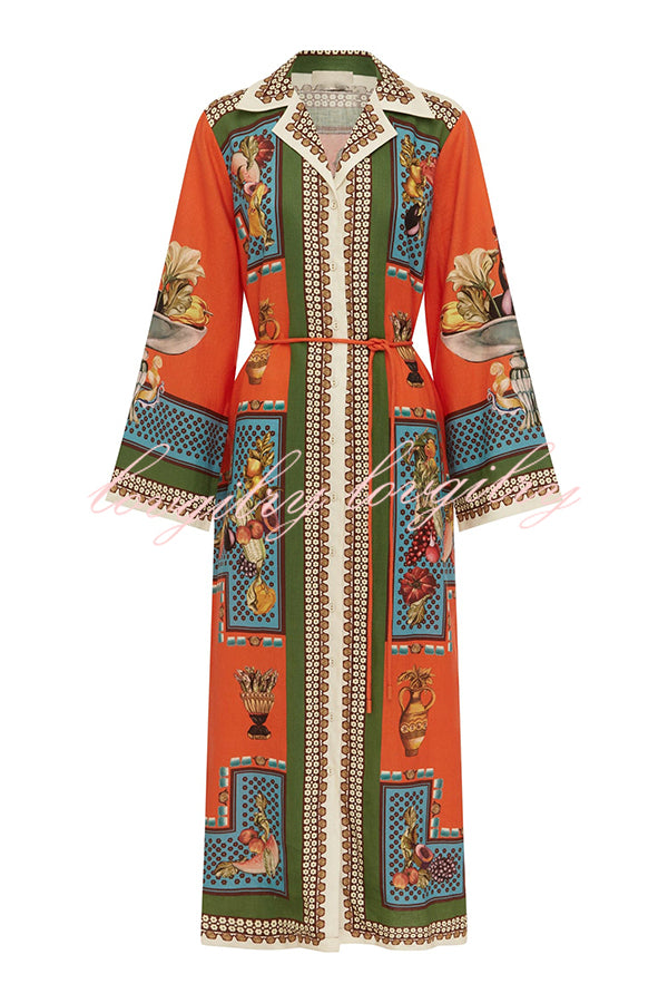 Linen Blend Unique Print Tie-waist Casual Maxi Dress