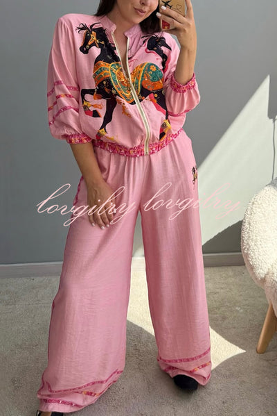 Unique Printed Long-sleeved Zip-up Loose Top and Elastic Waist Casual Wide-leg Pants Set