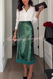 Shimmer Scene Sequin Patchwork Hem High Rise Slit Pencil Midi Skirt