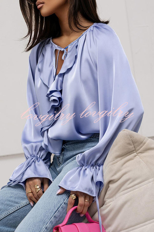 Satin Solid Color V-neck Tie Ruffle Casual Shirt