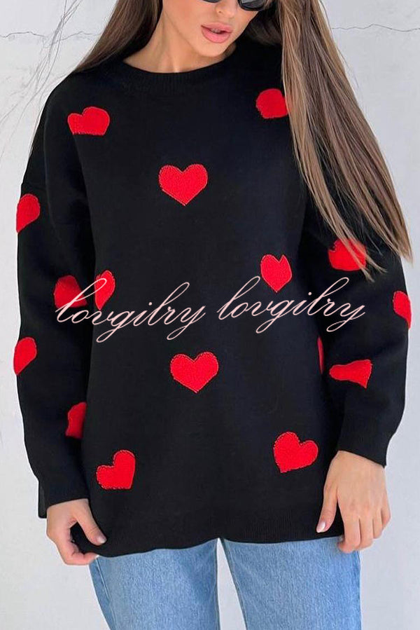 Fashionable Embroidered Love Loose Round Neck Long Sleeve Knitted Sweater