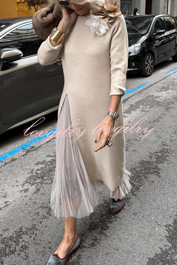 Jollie Knit Long Sleeve Front Slit Midi Sweater and Pleated Tulle Stretch Tank Midi Dress Two-piece Set