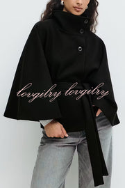 Fashionable Stand Collar Button Waist Tie Loose Cape