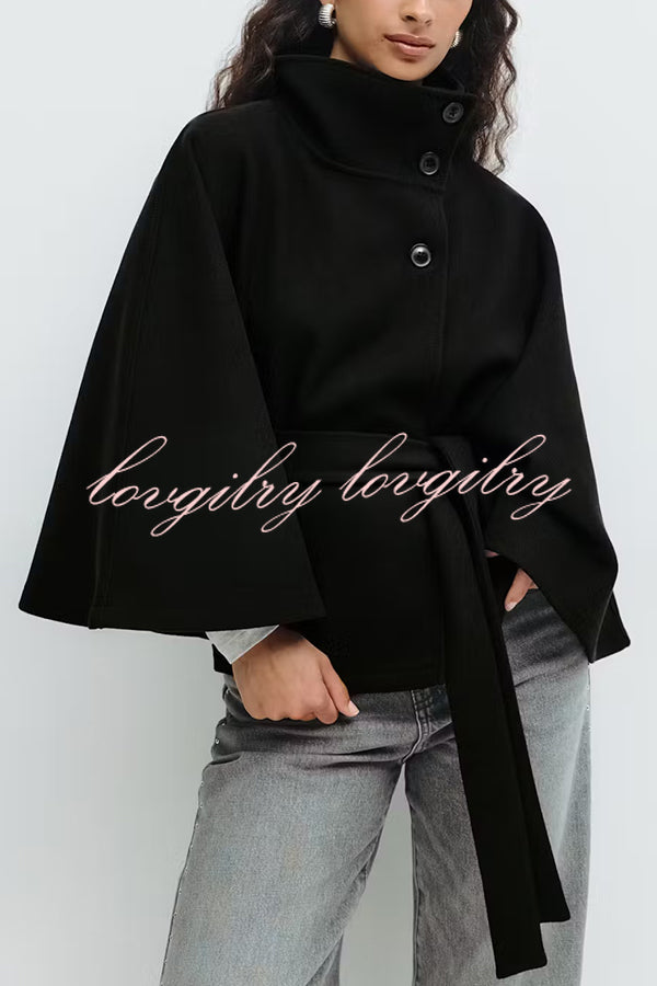 Fashionable Stand Collar Button Waist Tie Loose Cape