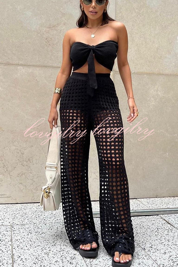 Riley Knit Front Knot Bandeau and Stretch Hollow Out Wide Leg Pants Set