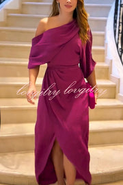 Whispered Yes Satin Irregular Lapel Neckline Design Ruched Maxi Dress