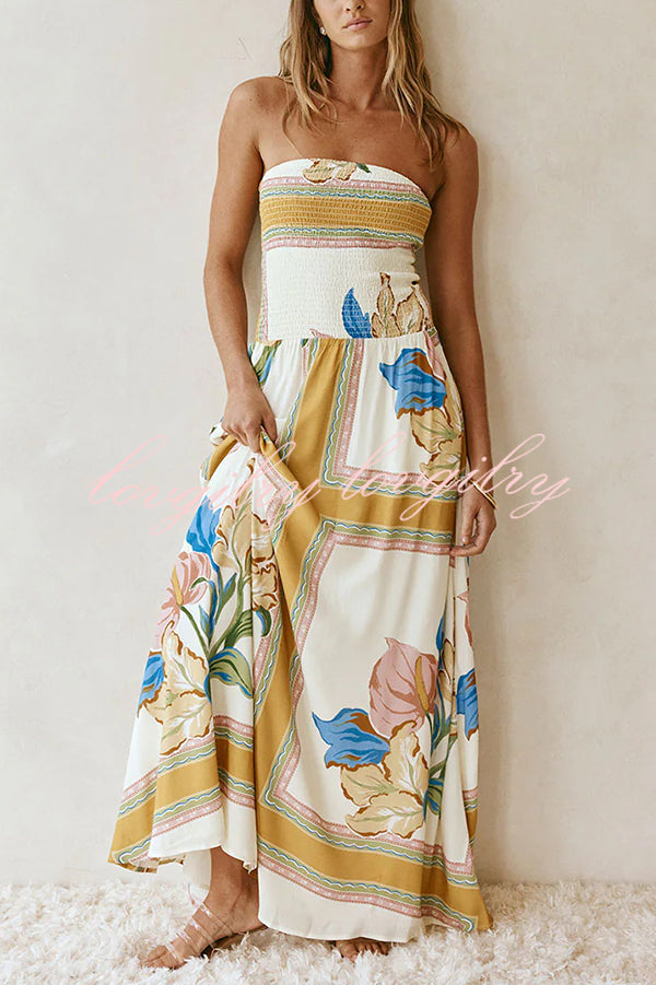 Linen Blend Unique Print Off-The-Shoulder Pleated Resort Maxi Dress