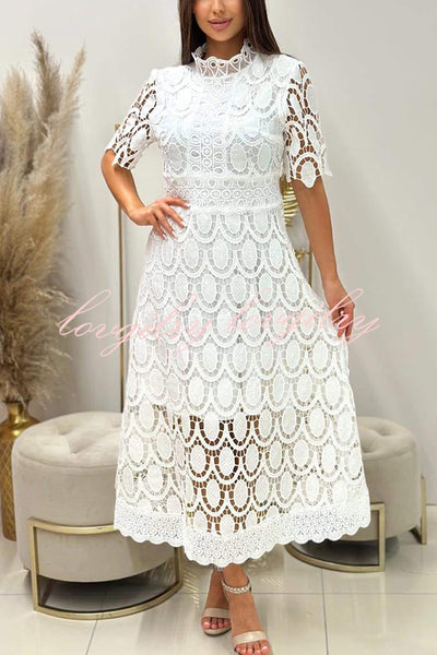 Elegant Crocheted Cutout Lace Short-sleeved Stand-collar Midi Dress