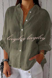 Linen Blend Solid Color Tie Back Loose Shirt Top