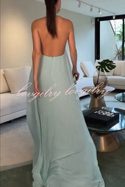 Gabie Chiffon Pleated Braided Halter Neck Backless A-line Maxi Dress