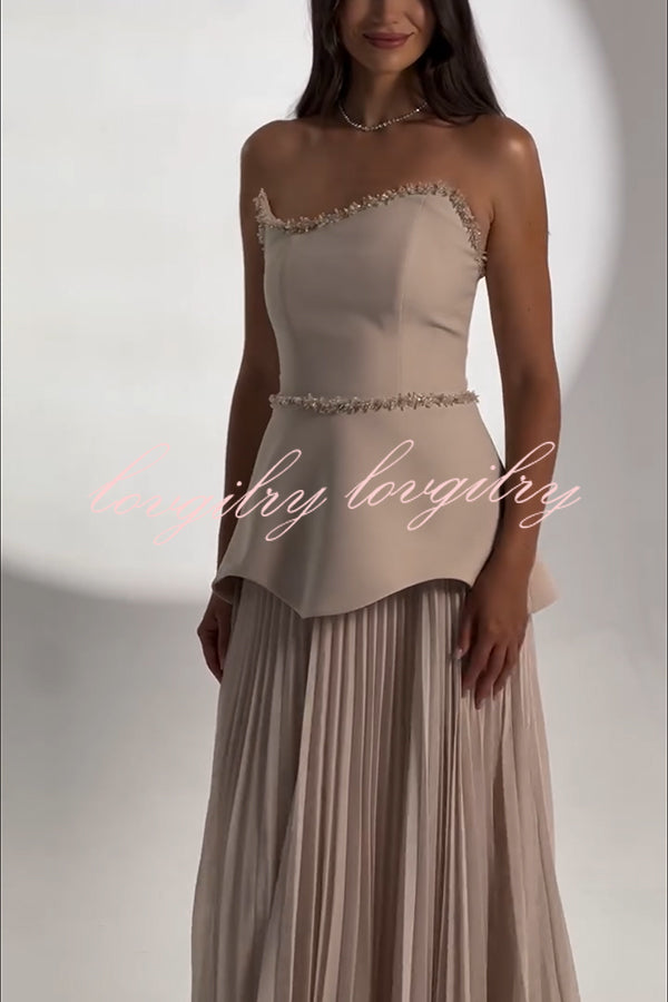 Capture The Moment Gem Trim Pleated Hem Strapless Maxi Dress